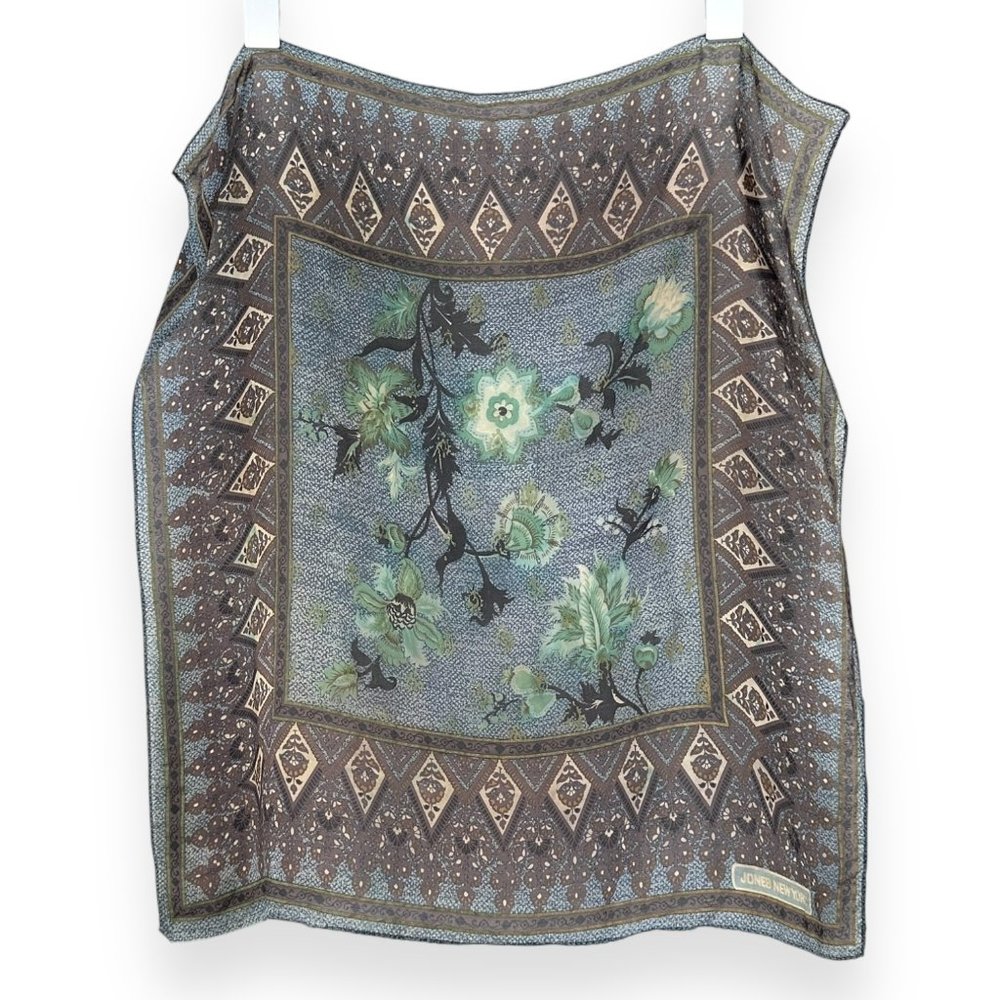 Vintage Jones New York Blue Gray Green Semi Sheer Floral Print Scarf
